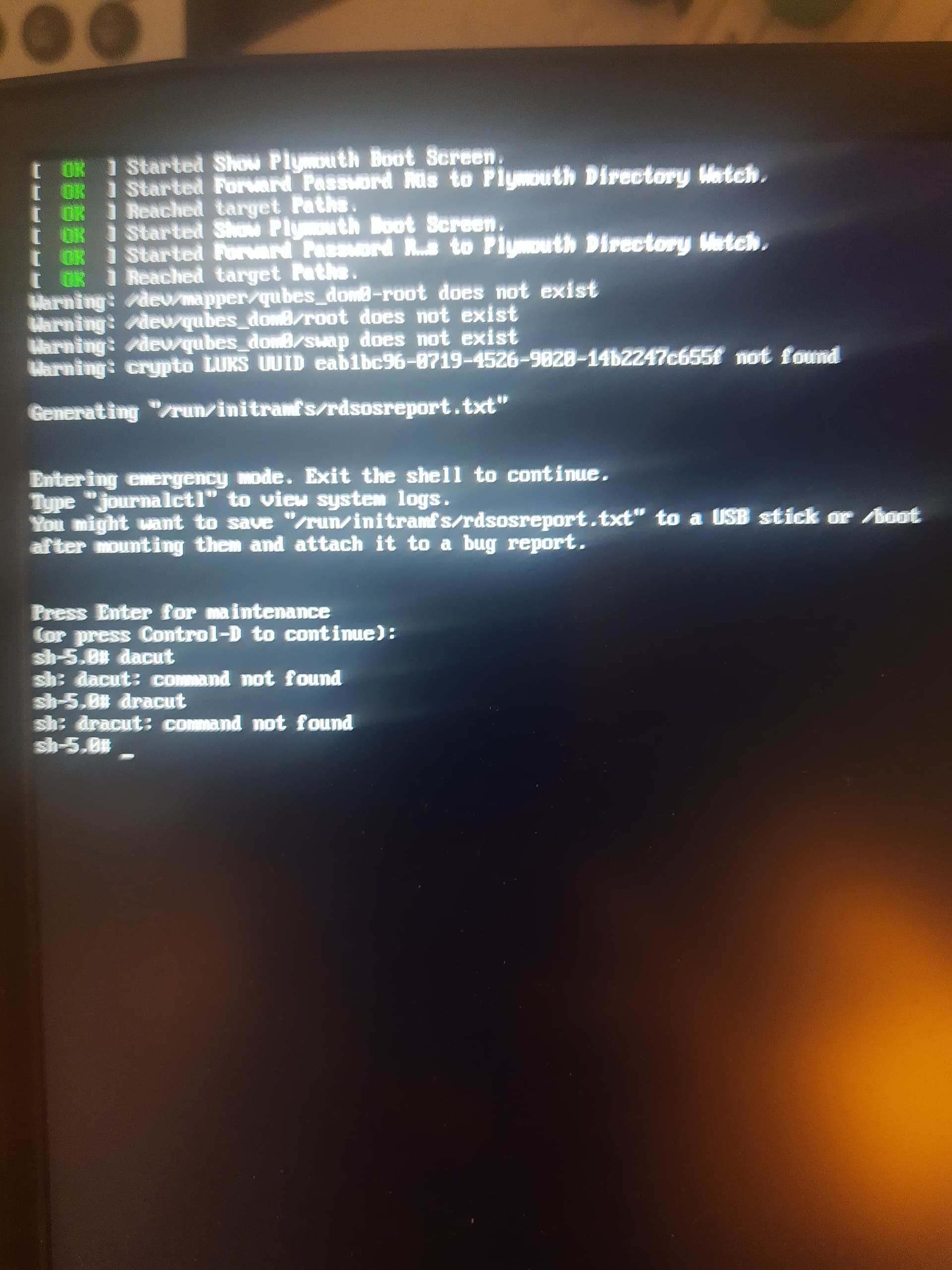 Qubes dom0 root/ swap does not exist, how to start dacut? - User Support -  Qubes OS Forum