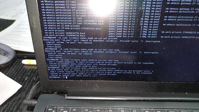 The last two commands show the output of the lvremove attempt, as requested by unman.