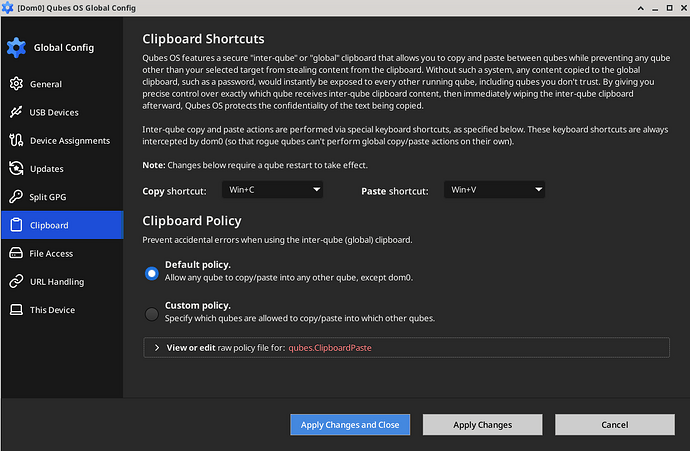 Qubes OS Global Config Clipboard