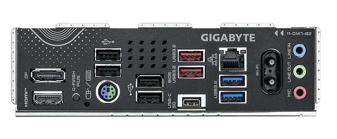 Image of the HDMI/DP/USB/RJ45 and other ports on the mainboard - including a port with the label Wi-Fi