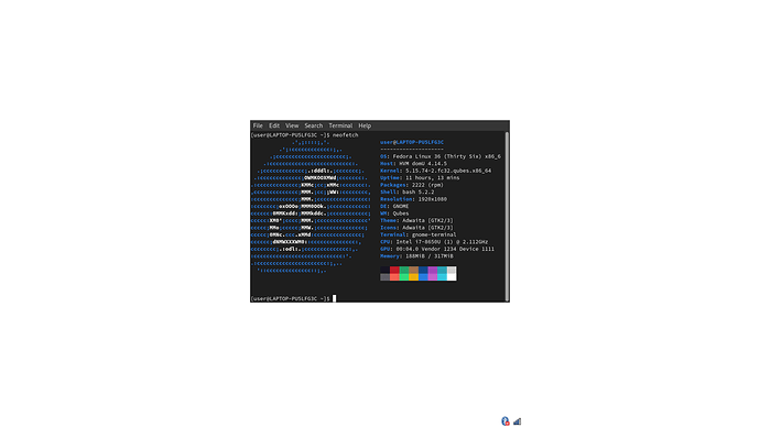 Fullscreen capture of a white background with a borderless terminal window and system tray icons, which belong to the qube, from which the screenshot has been taken