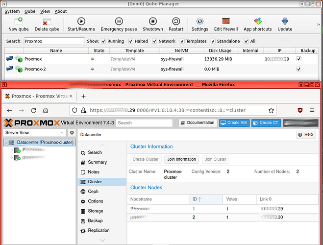 Two proxmox cluster on QubesOS