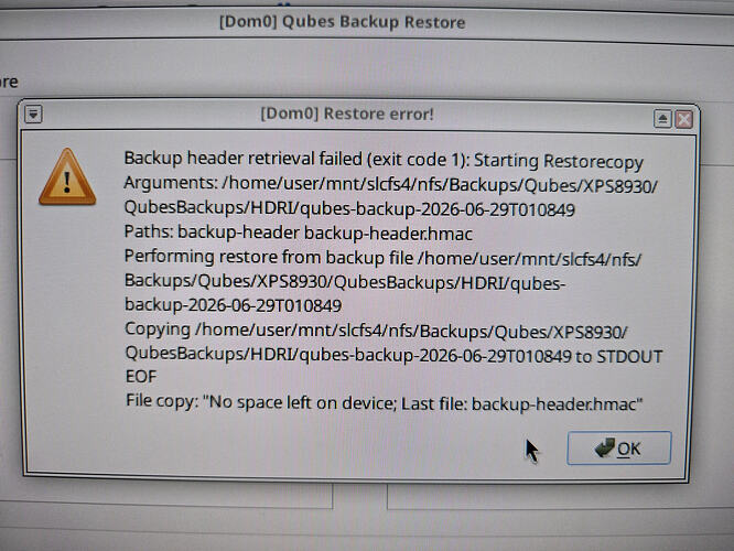 RestoreFailedOutOfSpace