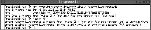 gpg --verify showing db.sig/db good signature by ultimately trusted key, pacman -S replies unknown trust for same key